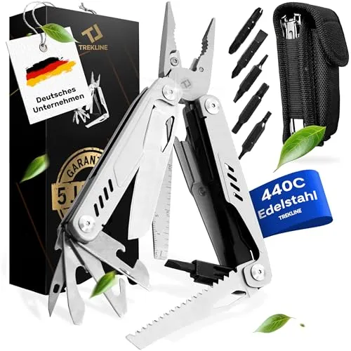 TREKLINE Premium Multitool Werkzeug aus rostfreiem Edelstahl – 28 Funktionen für Camping und Outdoor - Robustes Multitool mit 28 Funktionen, ideal für Camping, Outdoor und Handwerk. Kompakt und tragbar, passt in jeden Rucksack – dein zuverlässiger Begleiter für jedes Abenteuer.