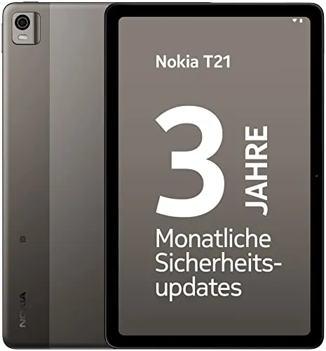 Nokia T21 Android 12 LTE Tablet mit 10.36" Bildschirm, 4/64GB Speicher, IP52 Zertifizierung, 18W Fast Charging, 3 Tage Batterie Laufzeit und 3 Jahre monatliche Sicherheitsupdates – Grau
