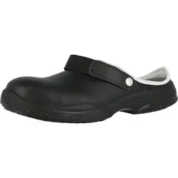 AREZZO Clogs Schwarz EN ISO 20345 SB E A SRC Gr.48 - Robuste Clogs für den professionellen Einsatz, nach EN ISO 20345 zertifiziert, mit gepolstertem Schaftrand und maschinenwaschbar bis 40 °C, ideal für den Alltag im Gesundheitswesen.