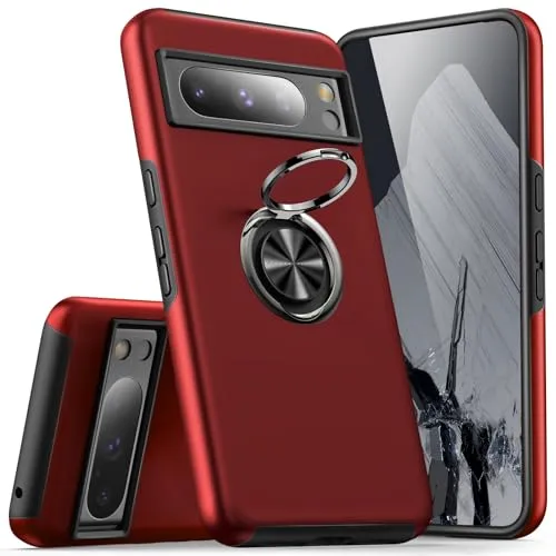 KRAFTCARE Hülle für Google Pixel 8 Pro, Handyhülle mit Eingebetteter 360° Grad Ring, Magnetische Schutzhülle TPU Stoßfest Cover Case für Google Pixel 8 Pro,Rot