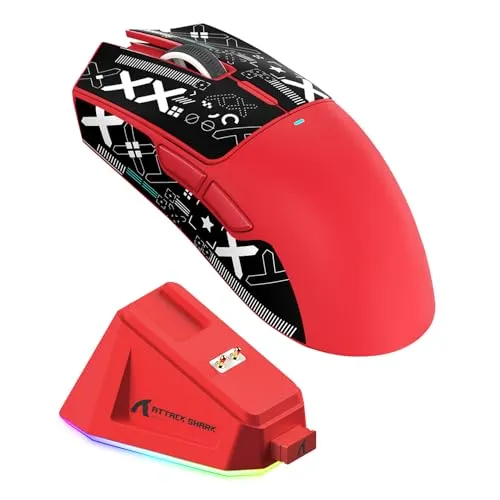 ATTACK SHARK X11 Gaming Mouse mit Magnetic Charging Dock, PixArt PAW3311 Gaming Sensor, BT/2.4G Wireless/Wired Gaming Mouse with Mouse Grip Tape, 22000 DPI, Gamer Mice for Win11/Xbox/PS/Mac (Red)