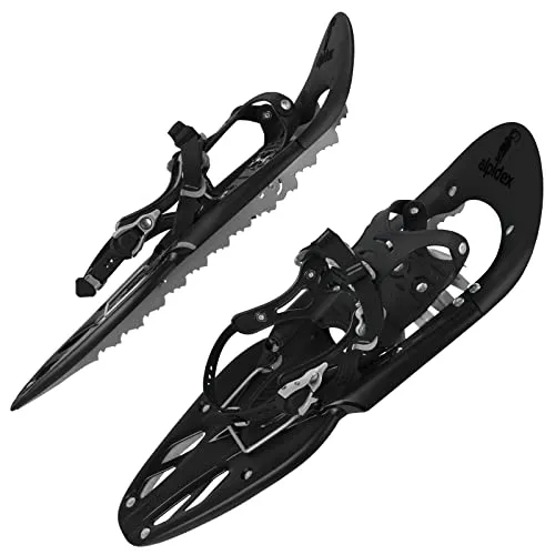 ALPIDEX Schneeschuhe 25 INCH mit Steighilfe - Professionelle Schneeschuhe mit Steighilfe für müheloses Aufsteigen. Robuste Bauweise für Benutzer bis 130 kg, inklusive Tragetasche. Ideal für Schuhgrößen 38-45 und optimalen Grip durch gezackte Frontzacken.