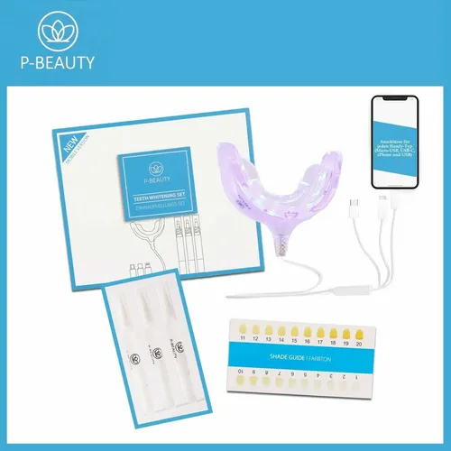 Zahnbleaching Set - Hochwertiges Aufhellungssystem mit LED-Blaulicht - Zahnbleaching Set für strahlend weiße Zähne, inklusive LED-Blaulicht und Zahnfarbskala. Ideal für Zuhause oder unterwegs, ohne Zahnschmelzschädigung!