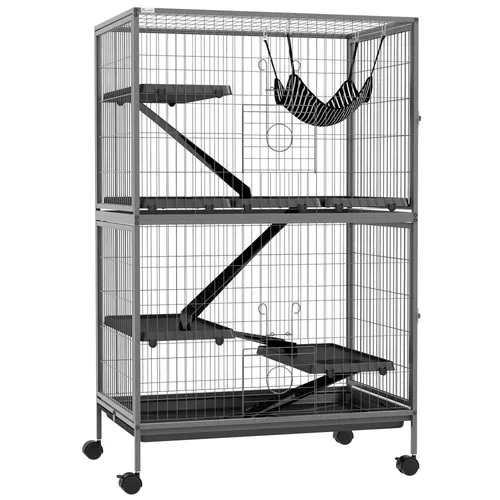 PawHut Kleintierkäfig Frettchenkäfig mit Hängematte - Käfige für Eichhörnchen, Zwerghamster und Chinchilla – mit ausziehbarem Tablett und Rollen für einfache Reinigung und Mobilität.