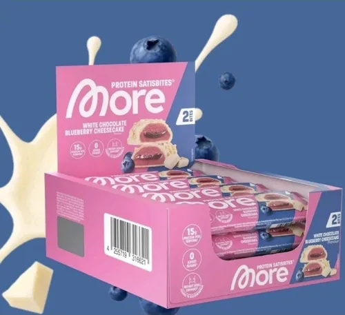 More Satisbites 3er Bundle White Chocolate Blueberry Cheesecake - Leckere Sportriegel mit weißer Schokolade und Blaubeergeschmack, ideal nach dem Training. Proteinreich und perfekt für Vegetarier – für eine gesunde Snack-Alternative!