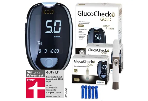 GlucoCheck GOLD Blutzuckermessgerät Maxi-Sparset - Blutzuckermessgeräte Set mit 110 Teststreifen und Zubehör, ideal für eine präzise und einfache Blutzuckermessung zu Hause.