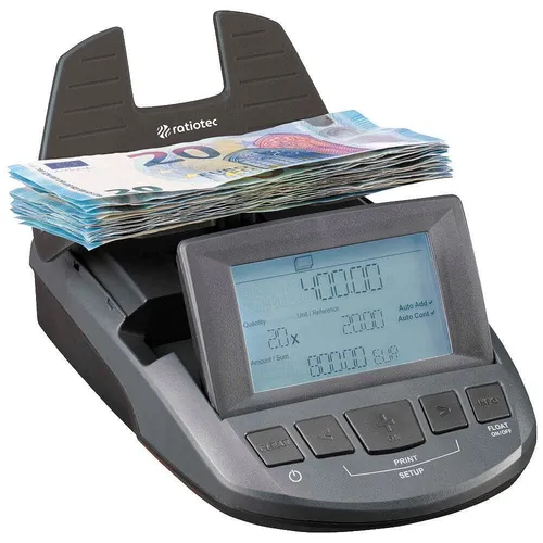 ratiotec Geldwaage RS 1000 - Präzise Geldwaage für eine einfache Bargeldüberprüfung, inklusive Netzteil und Kalibriergewicht, ideal für Einzelhandel und Büros.