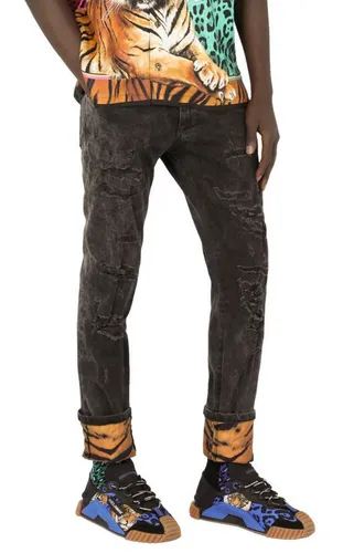DOLCE & GABBANA 5-Pocket-Jeans mit Tigerprint - Stylische 5-Pocket-Jeans im Slim Fit mit einzigartigen Tigerprint-Details und hochwertiger Metall-Logo-Plakette. Ideal für trendbewusste Looks!