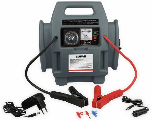 EUFAB Starthilfegerät Powerpack 16643 - 4 in 1 Starthilfe, 600A Spitzenstrom, integrierter Kompressor und LED-Arbeitsleuchte für optimale Sicherheit unterwegs