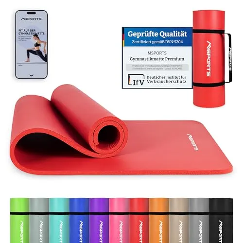 MSports® Gymnastikmatte Yogamatte mit Tragegurt, Poster & Workout App - Sportmatten in Rubinrot, ideal für Yoga und Fitness, inklusive Tragegurt und praktischer Workout App für effektives Training.