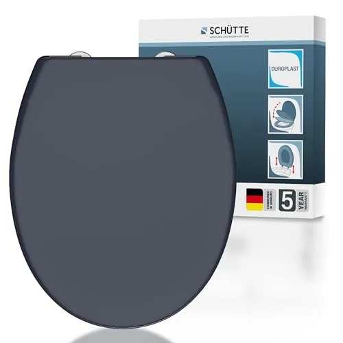 SCHÜTTE Oval WC-Sitz mit Absenkautomatik, Abnehmbarer Klodeckel aus bruchsicherem Duroplast, DIY Montage mit Klebepads und Schablone, Toilettendeckel und Brille bis 200 kg belastbar, Anthrazit