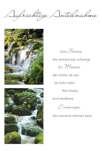 bsb Trauerkarte zur Beerdigung - liebevolle Beileidskarten mit Umschlag - Trauerkarte hochwertig mit Wasserfälle-Motiv - Herzliches Beileid Karte Trauer - Kondolenzkarte in 11,5 x 17,0 cm
