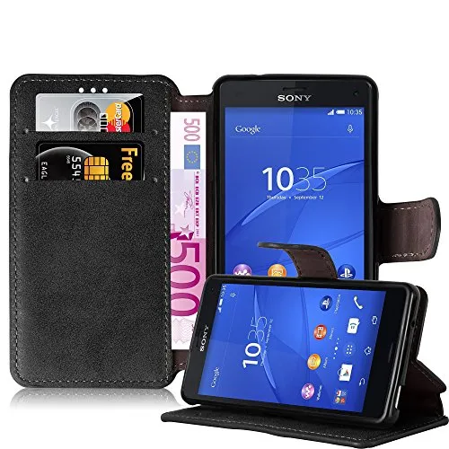 Cadorabo Hülle kompatibel mit Sony Xperia Z3 COMPACT Handyhülle aus Kunst Leder Flip Klappbare Magnetische [Standfunktion] [Kartenfächern] Case Hülle für Sony Xperia Z3 COMPACT Tasche in Schwarz