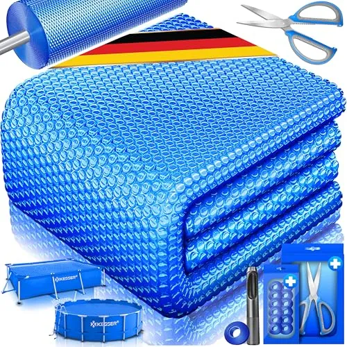 KESSER Solarabdeckplane 400 μm - Flexible Poolabdeckung - Poolzubehör für effiziente Wassererwärmung, mit Schere, Lochzange & 12 Ösen zur individuellen Anpassung.