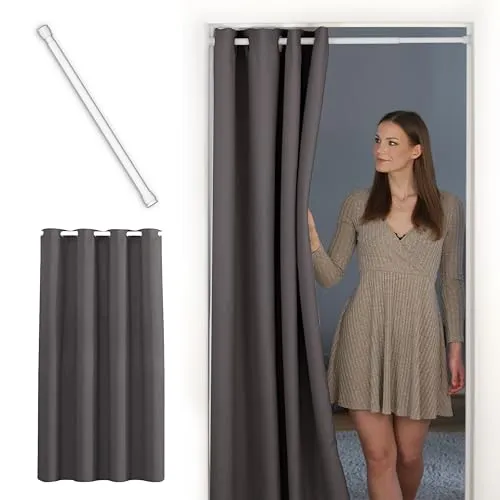 tinycurtains Türvorhang mit Teleskopstange - Schiebevorhang in grau (H210 x B150 cm) mit innovativer, bohrfreier Teleskopstange für einfache Montage. Ideal für Schutz vor Zugluft und Verdunkelung in Kinderzimmern.