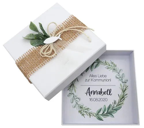 ZauberDeko Geschenkbox Geldgeschenk MIT NAME Kommunion Konfirmation Fisch Eukalyptus