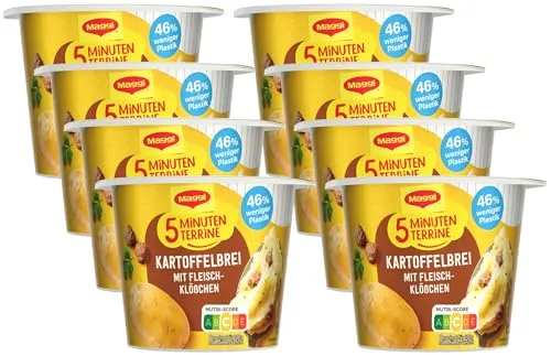 MAGGI 5 Minuten Terrine Kartoffelbrei: Fleischklößchen, leckeres Fertiggericht mit Rindfleisch, Instant Kartoffel-Püree, Kartoffel-Snack, 8er Pack (8 x 46g)