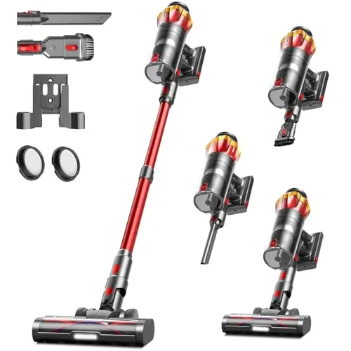 Akku Staubsauger 45000Pa - Kabellos mit Display & Anti-Tangle-Bürste - Kabelloser Staubsauger mit 550W und 45Kpa Saugkraft. Effiziente Reinigung für Tierhaare und Hartböden. 65 Minuten Akkulaufzeit, selbststehend und mit 8-Schicht-Filtration für saubere Luft.