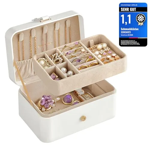 SONGMICS GISELLA Kollektion - Schmuckkästchen Reise, Schmuckkasten klein, 2 Ebenen Schmuckaufbewahrung, tragbar, Schmuck-Reiseetui, 11 x 16 x 8 cm, Geschenkidee, wolkenweiß JBC166W01