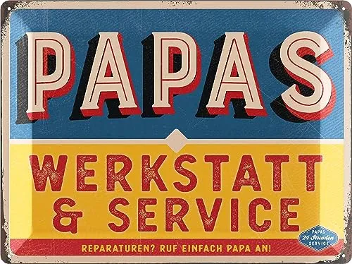 LANOLU XXL Retro Blechschild PAPAS WERKSTATT - Schild Papas Service - Geburtstagsgeschenk oder Vatertagsgeschenk Schild für Vater - lustige retro Deko mit Spruch - vintage Metallschild 30x40cm