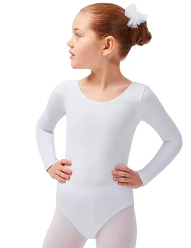 tanzmuster ® Ballettanzug Mädchen Langarm - Lilly - aus Baumwolle, Ballettbody Kinder Ballett Trikot in weiß, Größe 104/110