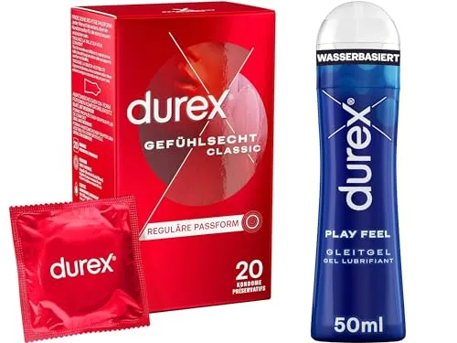 Durex Gefühlsecht Classic Kondome 20 + Gleitgel Play Feel 50ml - Kondome für Männer, bietet ein intensives Gefühlserlebnis und enthält zusätzlich ein Gleitgel für noch mehr Komfort.