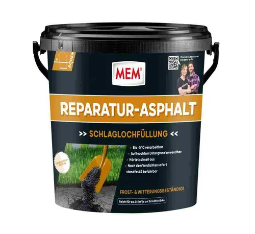 MEM Reparatur Asphalt 10 kg - Schlaglöcher schnell und einfach verfüllen - Baumaterial - Gebrauchsfertiges, umweltfreundliches Asphaltgemisch, das nach kurzer Zeit standfest und befahrbar ist, ideal für DIY und kommerzielle Anwendungen.