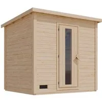 Karibu Saunahaus Melo 3 - 38 mm naturbelassen mit 9 kW Ofen - Saunieren wie in Finnland im eigenen Garten! Das Saunahaus Melo bietet eine authentische Saunaerfahrung und ermöglicht erholsame Momente nach dem Saunagang.