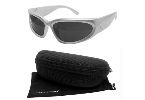LUXXADA Sonnenbrille Herren schnelle Brille Damen Sportbrille mit Hardcase (Wrap Around Gestell in Silber) Schmale Gläser Oval UV400 Schwarz Getönt