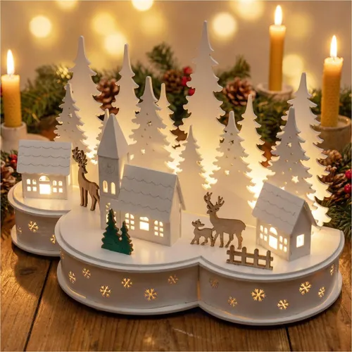 Beleuchtete LED Weihnachtsstadt mit Rentieren - Tischdekoration für Weihnachten, bezauberndes Weihnachtsdorf aus Holz mit LED-Beleuchtung für festliche Stimmung.