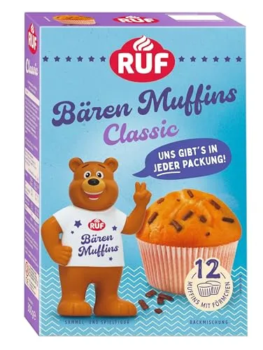 RUF Bärchen Muffins Classic, Backmischung für 12 fluffige Muffins mit Schoko Flocken, inkl. Bären Sammelfigur und Muffinförmchen, ideal für Kinder, Familien & Geburtstage