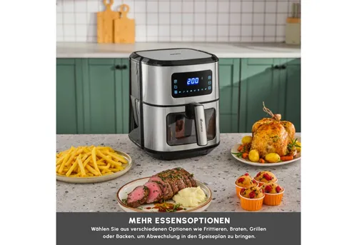 Karaca Multifry Inox XXL 6,5 Liter Airfryer - Heißluftfritteuse mit 360-Grad-Luftzirkulation, 8 Garfunktionen und großem 6,5-Liter-Behälter für gesunde, gleichmäßig gegarte Mahlzeiten.