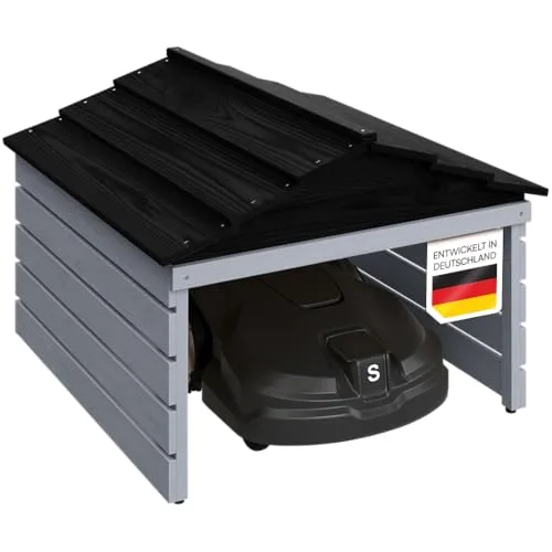 STEELSØN Nembus Mähroboter Garage Grau – Stilvolle Überdachung für Rasenmäher - Moderne Mähroboter Garage aus behandeltem Kiefernholz, wetterfest und mit abnehmbarem Dach. Ideal für gängige Rasenmähroboter, sorgt für optimalen Schutz vor Witterungseinflüssen und bietet einfachen Zugang.