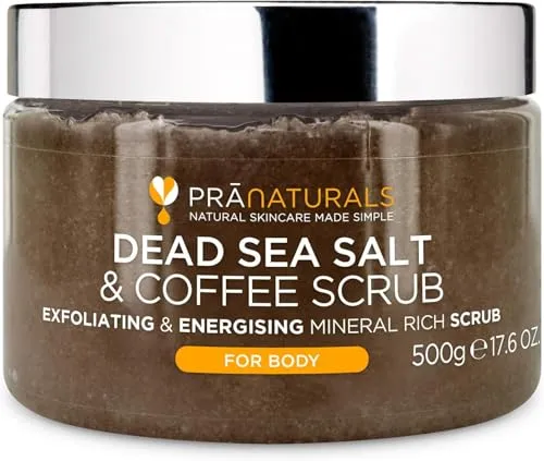 PraNaturals Körperpeeling mit Salz aus dem Toten Meer 500g - Feuchtigkeitsspendend & pflegend, Natürlichen Ölen & Mineralstoffen, keine Parabene, vegan, frei von Tierversuchen (Kaffee)