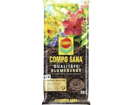 COMPO SANA Qualitäts-Blumenerde 70 L – Universelles Kultursubstrat - Ideal für Zimmer-, Balkon- und Gartenpflanzen. Die gebrauchsfertige Blumenerde sorgt für optimales Wachstum und blühende Entwicklung durch hochwertige Nährstoffe und eine lockere Struktur.