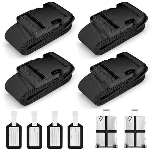 Koffergurte 4 Stück, Verstellbare Kofferband mit Adressschild, Kreuzgurt Kofferbänder für Koffer Markierung, Reisezubehör Gepäckgurt Luggage Strap zum Sicheren Verschließen(4 Schwarz)