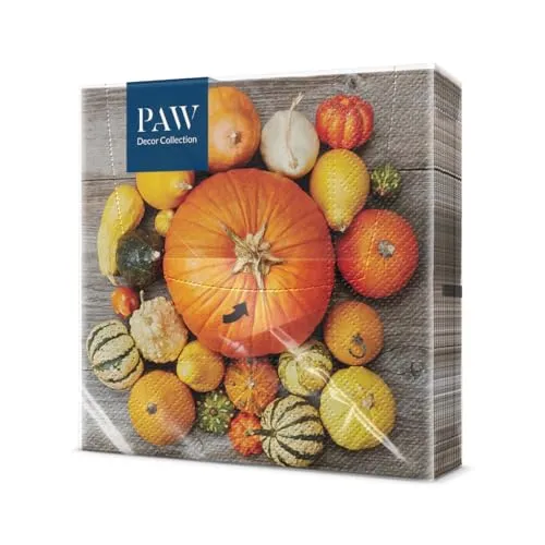 PAW - Servietten 3-lagig (33 x 33 cm) I 20 Stück I Perfekt für Geburtstag, Partys, Meetings I Herbst Tischdekoration I Bunte Papierservietten - Kürbis Orange I Pumpkin Composition