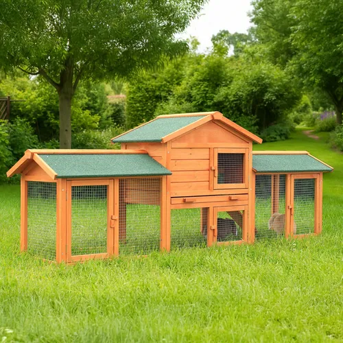 belviona Wetterfestes Kleintierhaus mit Bitumendach und Drahtgitter 212x52x85 cm - Sicheres Kleintierhaus mit Bitumendach für zuverlässigen Wetterschutz. Praktische Türen erleichtern die Versorgung, offener Boden fördert artgerechtes Verhalten beim Grasen. Ideal für Garten oder Terrasse.