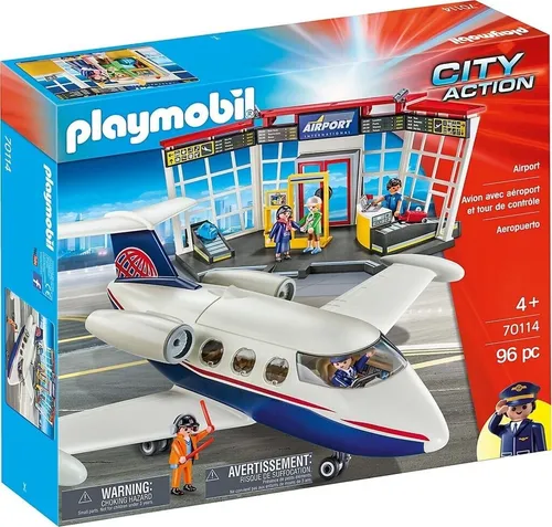 PLAYMOBIL 70114 - City Action Flughafen Set, 96 Teile mit Flugzeug und 5 Figuren für kreatives Rollenspiel und Abenteuer