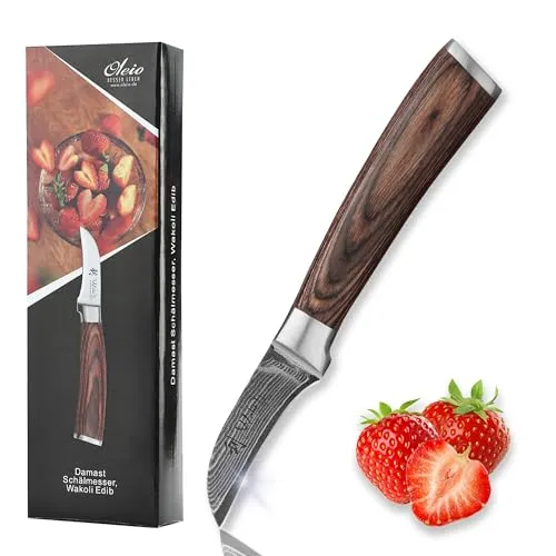 Wakoli Edib Damast Schälmesser - Profi Küchenmesser mit 6 cm Klinge - Schälmesser aus 67 Lagen Damaststahl mit VG10 Kern, ideal für präzise Schnitte und feine Dekorationen. Ergonomischer Pakkaholzgriff für müheloses Arbeiten in der Küche.