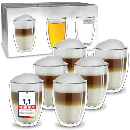 Creano doppelwandige Cappuccino Gläser 250ml - 6er Set - Kaffee- & Teegläser mit hochwertigem Borosilikatglas, das Getränke länger warm oder kalt hält. Ideal für einen stilvollen Genuss ohne Verbrennungsgefahr durch das isolierte Design.
