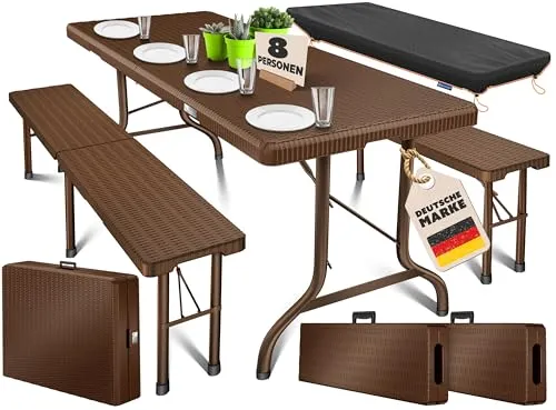 KESSER Bierzeltgarnitur 3-teilig Set - Bierzeltgarnituren für drinnen, aus Kunststoff in Rattanoptik, ideal für Feste und Feiern, robust und stilvoll in braun.