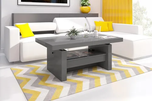 Design Couchtisch Aversa H-111 - Grau/Anthrazit Hochglanz - Esszimmertisch mit höhenverstellbarem und ausziehbarem Design, ideal für flexible Nutzung. Praktische Schublade und elegante Optik, perfekt für jeden Einrichtungsstil.