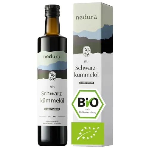 nedura® Schwarzkümmelöl BIO kaltgepresst 500ml – 100% rein & ungefiltert - Nuss- & Samenöle, kaltgepresst aus ägyptischen Schwarzkümmel-Samen für maximale Nährstoffvielfalt und tägliches Wohlbefinden.