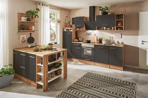 Respekta Inselküche Hilde 280 cm in Grau - Moderne Einbauküche mit ergonomischer Arbeitshöhe und hochwertiger Wildeiche Nachbildung, inklusive Elektrogeräten wie Herdset und Geschirrspüler – ideal für funktionale Küchengestaltung.