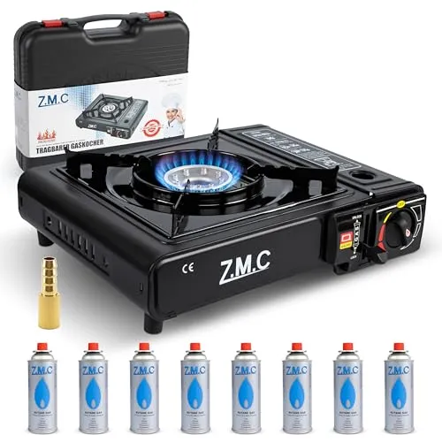 ZMC Gaskocher 1-flammig mit Aufbewahrungskoffer und Gaskartuschen - Campingkocher für Innenraum/Outdoor mit 2,2 kW Leistung und Piezozündung, ideal für Campingausflüge und Outdoor-Aktivitäten.