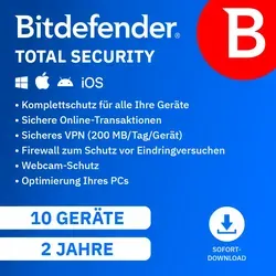 Bitdefender Total Security 2 Jahre - 10 Geräte Software - Security-Suiten mit umfassendem Schutz gegen Viren, Ransomware und Phishing sowie integrierter VPN für Privatsphäre ohne Leistungseinbußen.