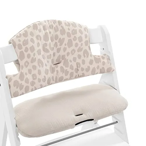 hauck Sitzkissen für Alpha+, Beta+ & Arketa Holzhochstuhl Highchair Pad Select, Anti-Rutsch Noppen, Doppelte Polsterung an Rückenlehne, Einfache Befestigung am Kinderstuhl (Muslin Leo Natural)