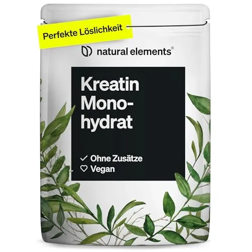 natural elements Creatin Monohydrat – 500g ultrafeines Pulver für Kraftsport - Hochdosiertes Kreatin Monohydrat ohne Zusätze, ideal für intensive Trainingseinheiten. 166 Portionen in bester Qualität, entwickelt und getestet in Deutschland.