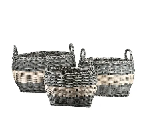 dasmöbelwerk Blumentopf Korb mit Henkel 3er Set – Grau Gestreift aus Rattan - Praktisches 3er Set Pflanzkörbe mit Folienauskleidung für direktes Bepflanzen. Leicht und mit Griff, ideal für den Innen- und Außenbereich. Zeitloses Design für jeden Raum – vielseitig einsetzbar!